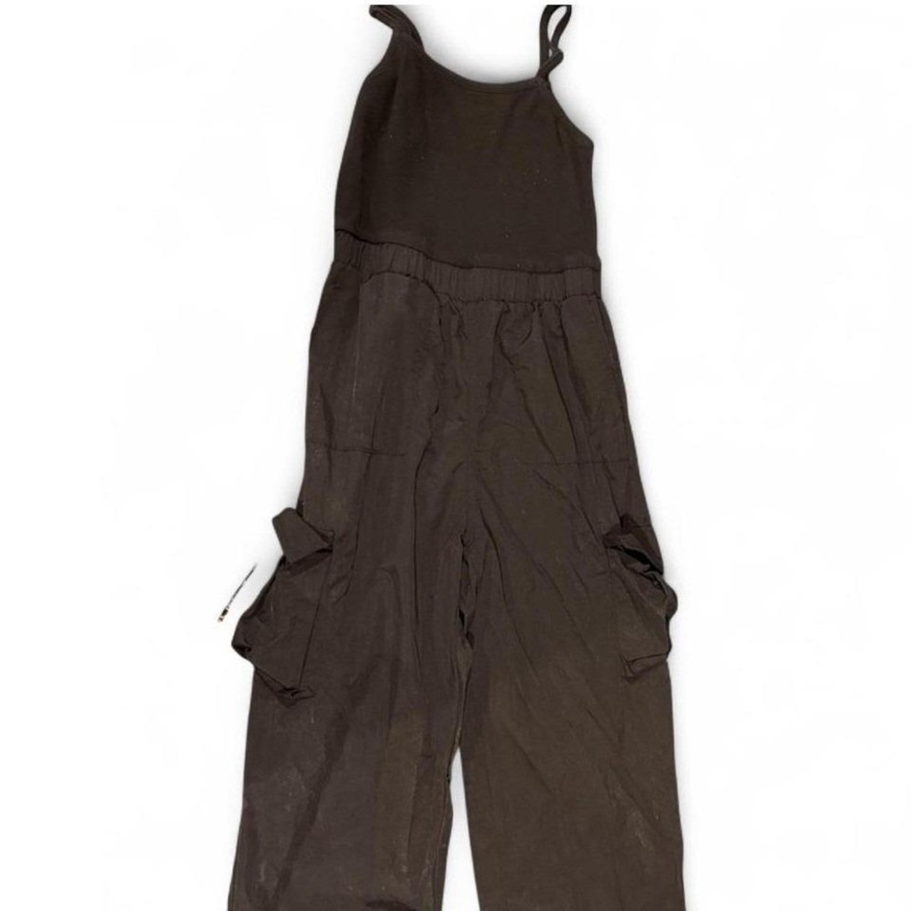 Black Mixed Media Cargo Jumpsuit Wide Leg Parachute Pants Sleeveless Streetwear